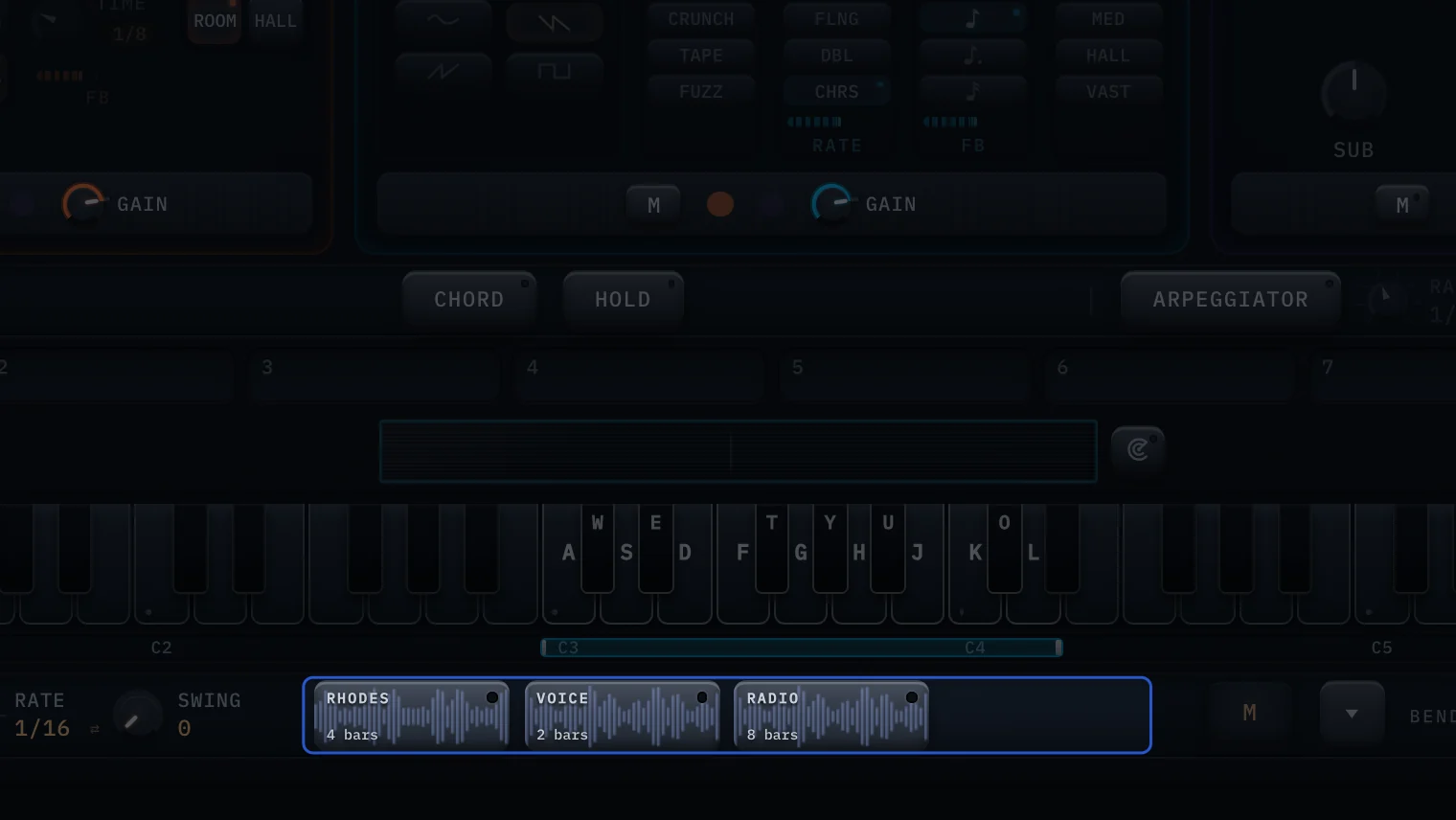 The well under the keyboard holding three chips, RHODES, VOICE and RADIO, each with its waveform and its length in bars.
