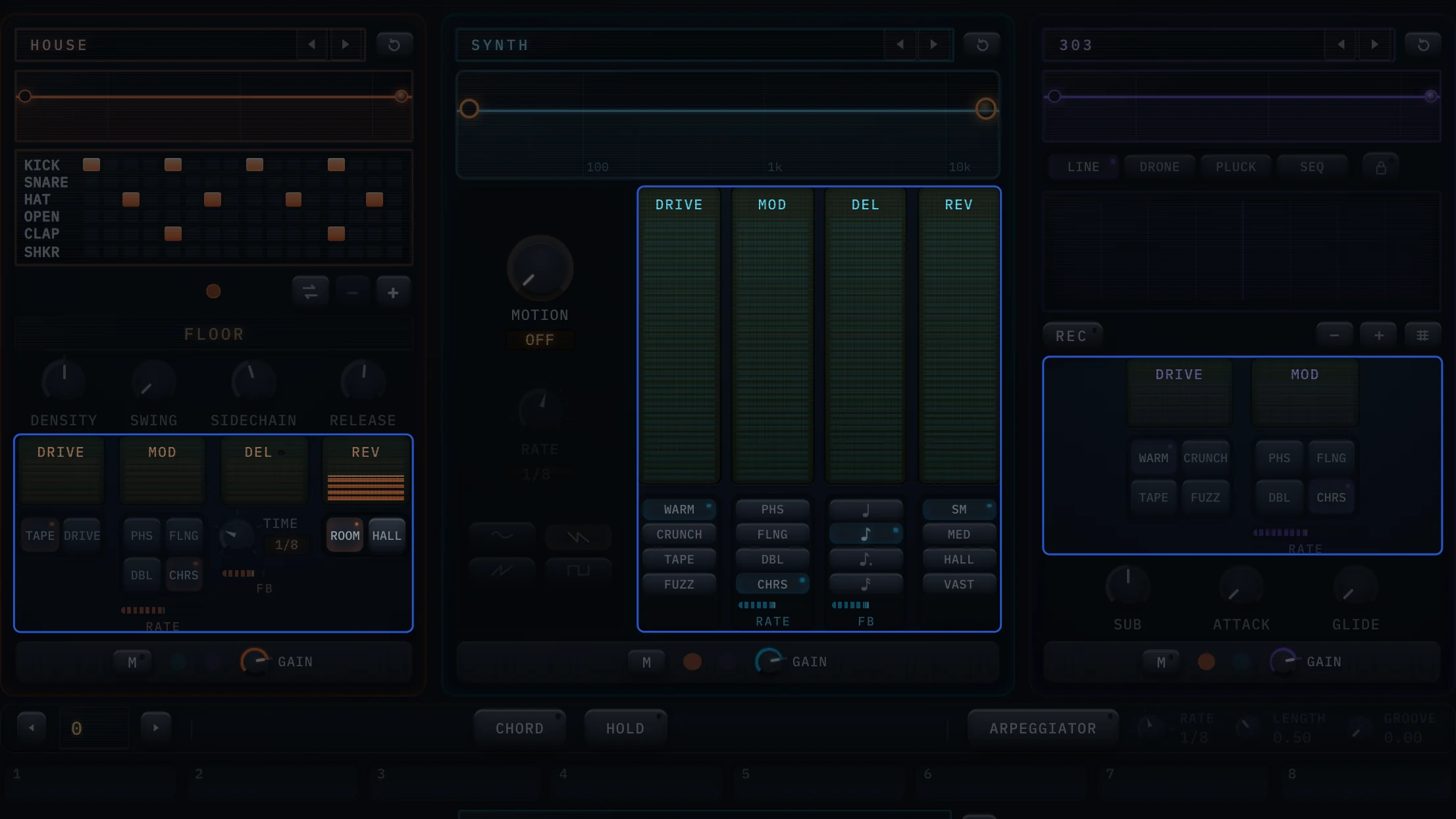 The same three towers with everything dimmed except each engine's effects: drive, mod, delay and reverb on the drums, the keys and the bass at once.