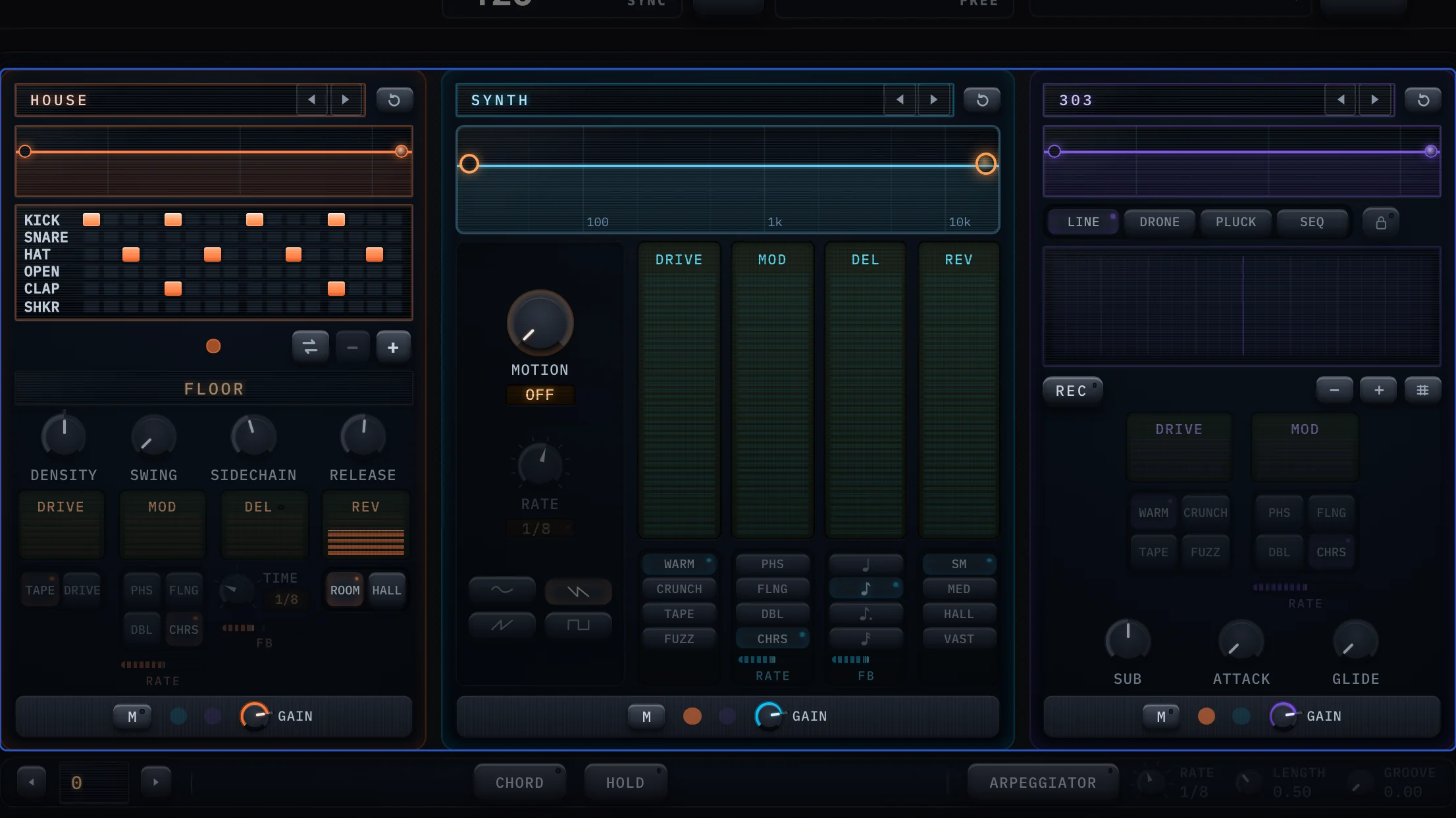The three engines side by side: HOUSE on the drums, SYNTH on the keys, 303 on the bass, each with its own filter, pattern and effects.