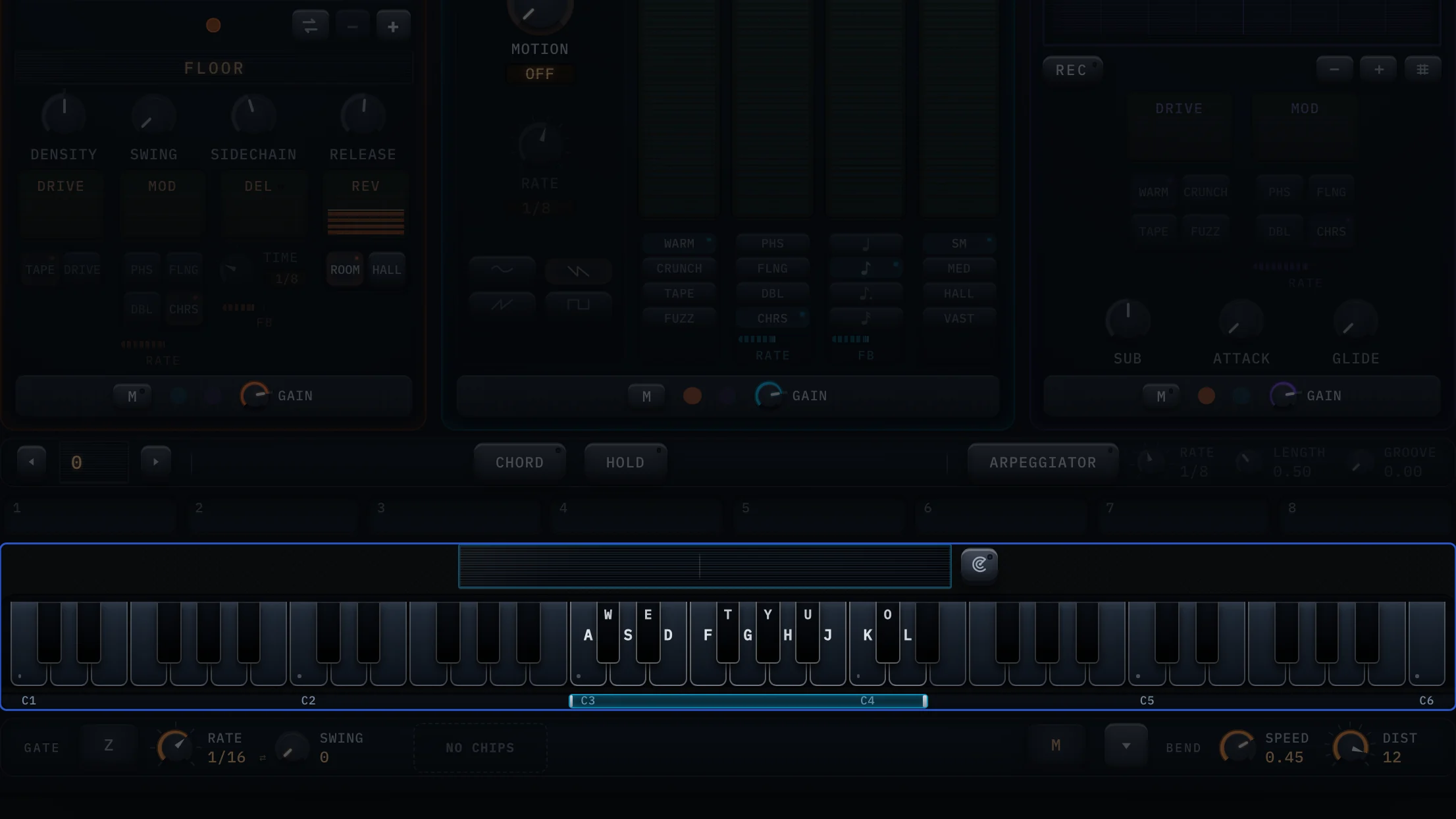 The keyboard at the foot of the studio with the laptop's letter keys printed on the keys from A to L.