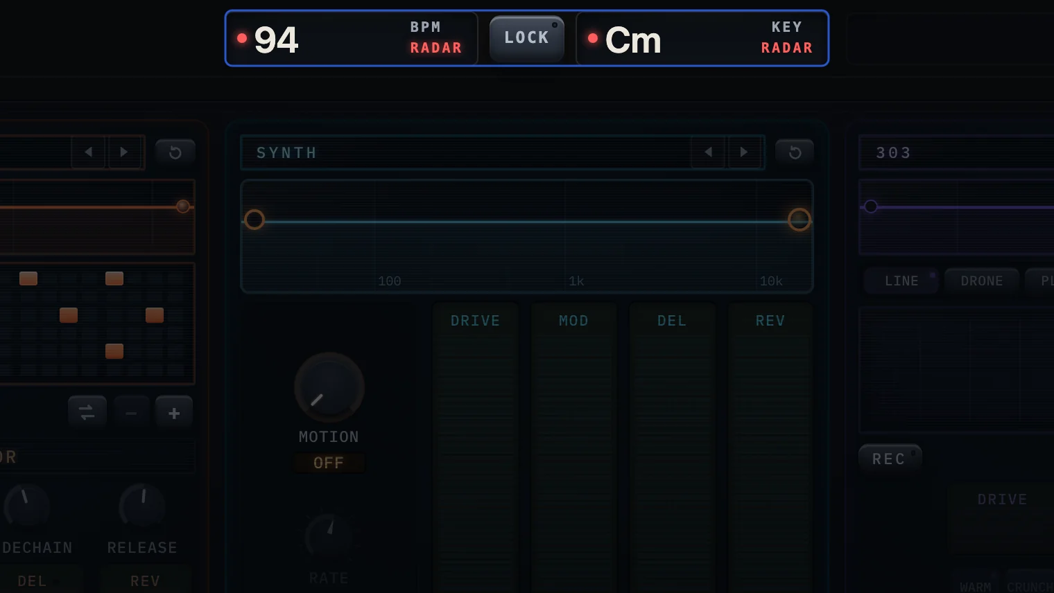 The glass at the top reading 94 BPM and the key C minor, both in the radar's coral ink.