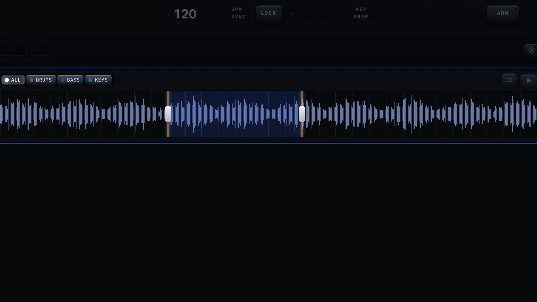 The jam page's record: a waveform of everything played, with four bars selected between two handles.