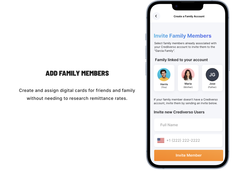 The Add Family Members screen. Headline: Invite Family Members. Avatar list of three members already linked: Harris (you), Maria (Mother), Jose (Father). Below: Invite new Crediverso Users form with a full-name input and a phone field with US flag. Primary action: Invite Member.
