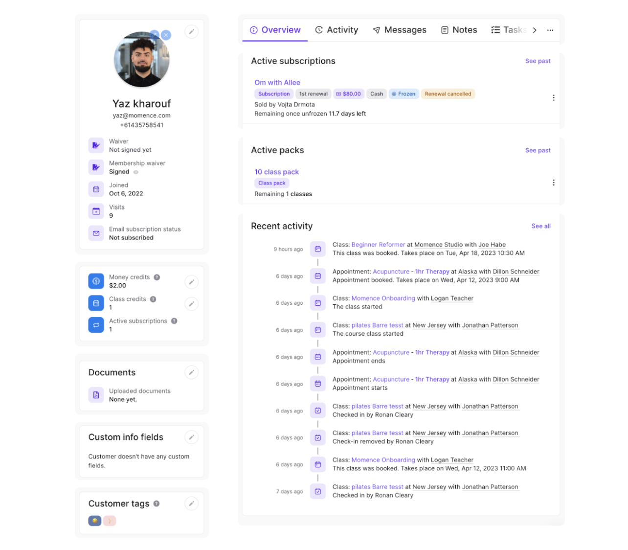 The original Momence customer profile, un-annotated: a dense two-column screen. A left identity rail (avatar, contact, membership, store credit, documents, custom info fields, customer tags) sits beside active subscriptions, active packs, and a long recent-activity feed mixing check-ins, payments, and email threads — every region rendered at the same flat visual weight.