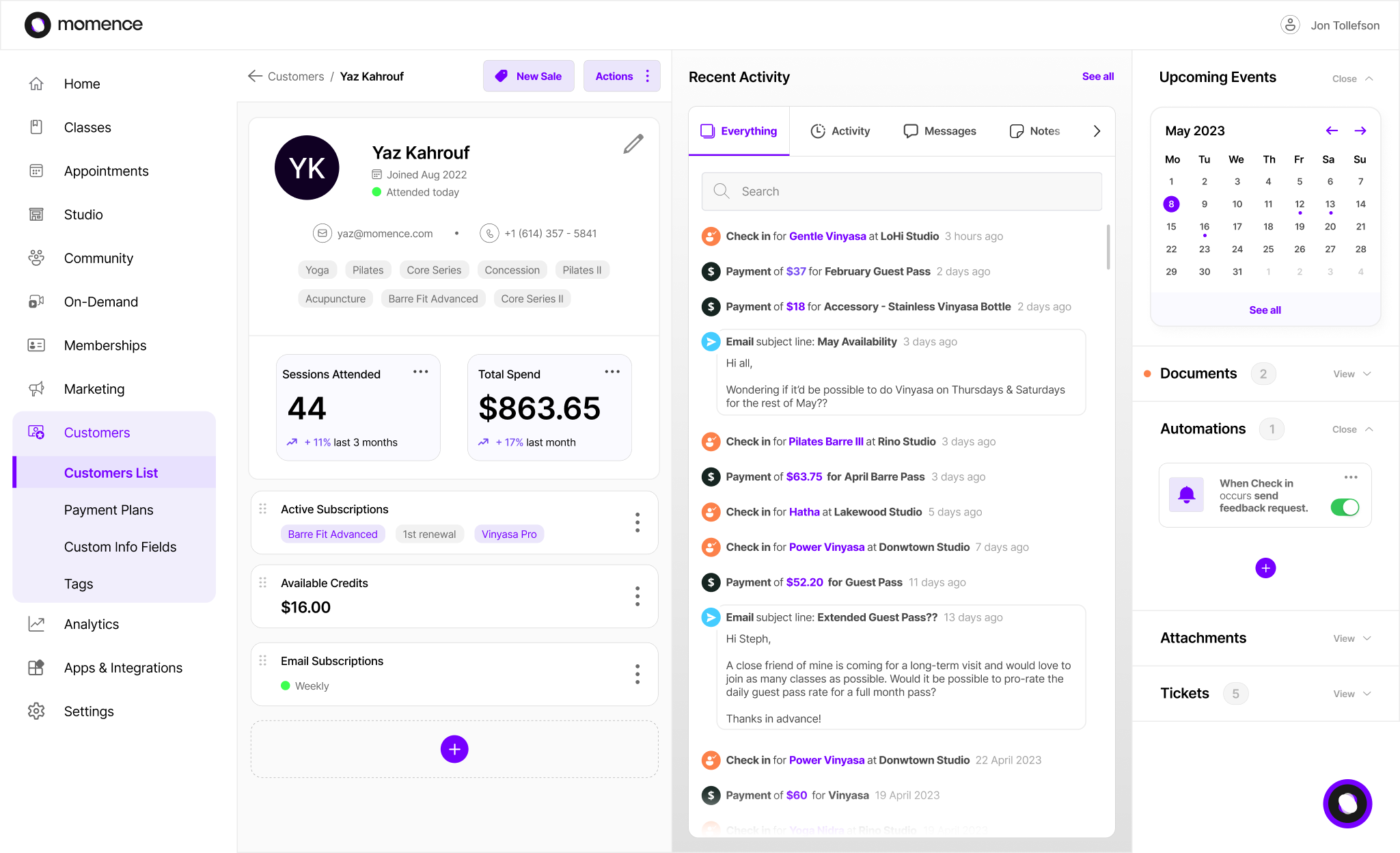 The Momence web customer detail redesign. Left rail: Yaz Kahrouf identity, custom info fields, customer tags. Center: large KPI cards (Sessions Attended 44, Total Spend $863.65), Active Subscriptions chips, Available Credits, Email Subscriptions toggle. Center-right: a Recent Activity feed with category filters and date-sorted entries mixing check-ins, payments, and email threads. Right rail: collapsible Upcoming Events calendar, Documents, Automations, Attachments, Tickets.