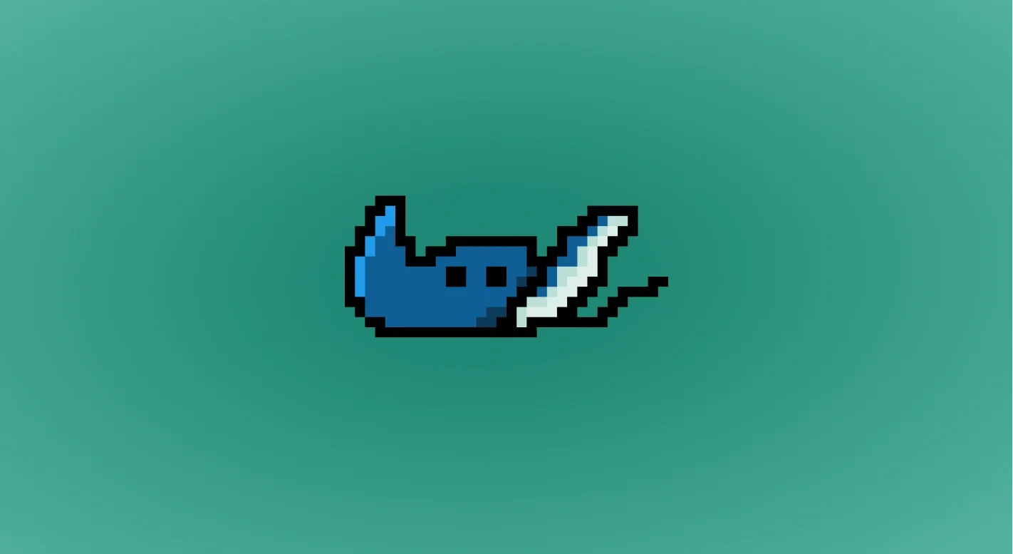 Raylu pixel-art whale mascot on teal.