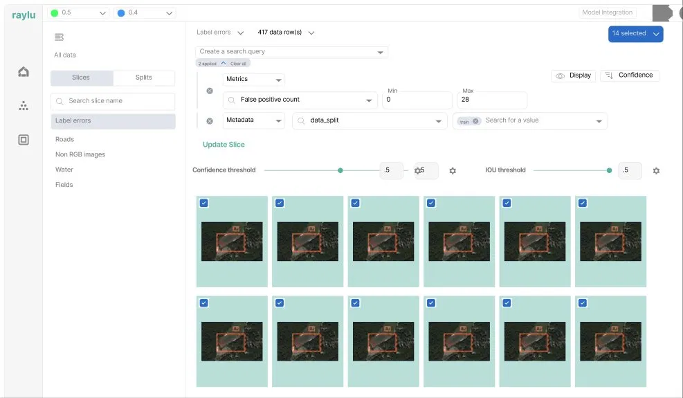 Raylu hi-fi label-errors workflow — a real Figma frame: a left rail with the raylu wordmark and nav icons, a metrics bar (false-positive count, confidence and IOU threshold sliders), and a grid of selectable image thumbnails with bounding boxes, each a candidate the model flagged as wrong.