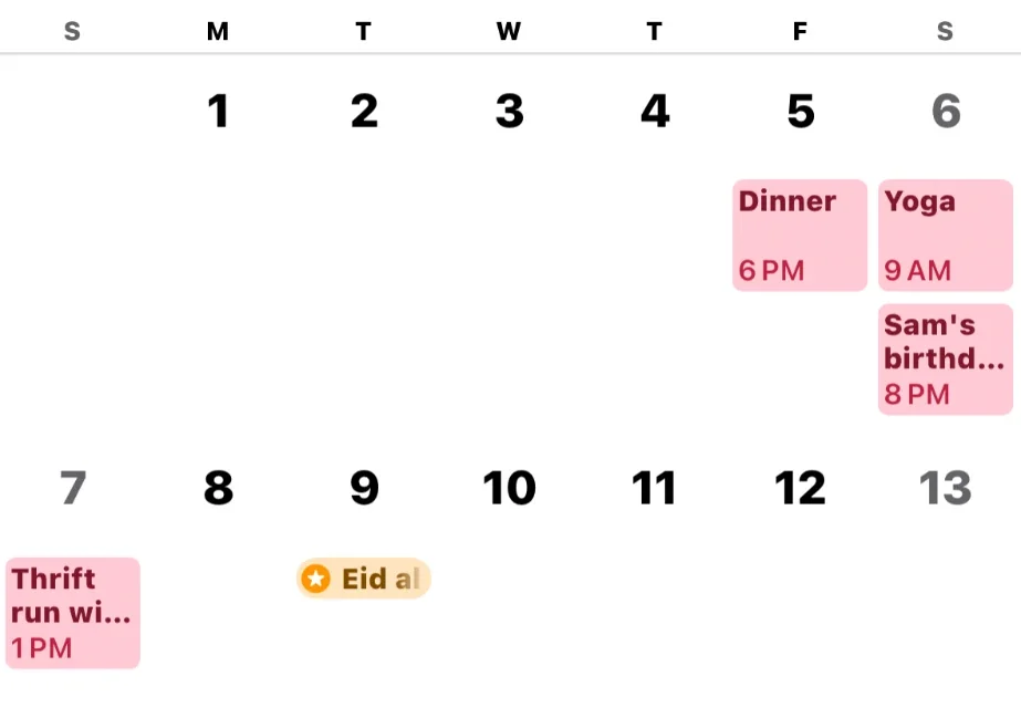 The calendar after: the wedding gone; Dinner Friday at 6 PM, Yoga Saturday at 9 AM, Sam's birthday Saturday at 8 PM, a thrift run Sunday at 1 PM.