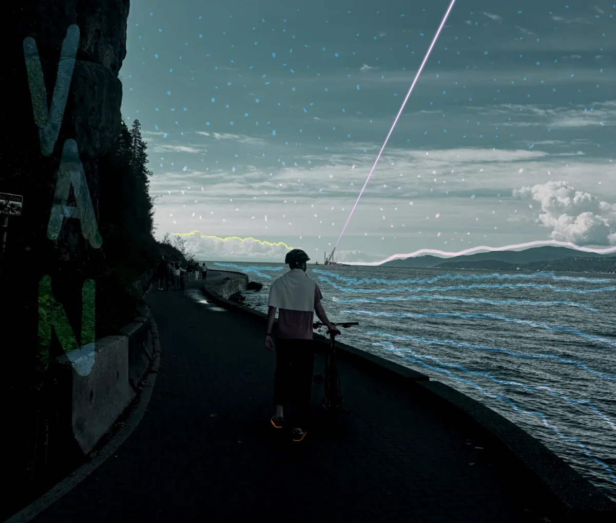 the seawall at dusk, VAN on the cliff, a cyclist walking under a comet and a sky of stars