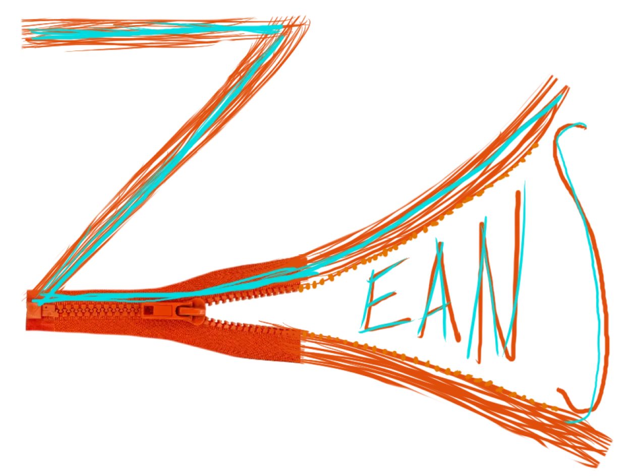 Zeans — zipper wordmark in orange and teal